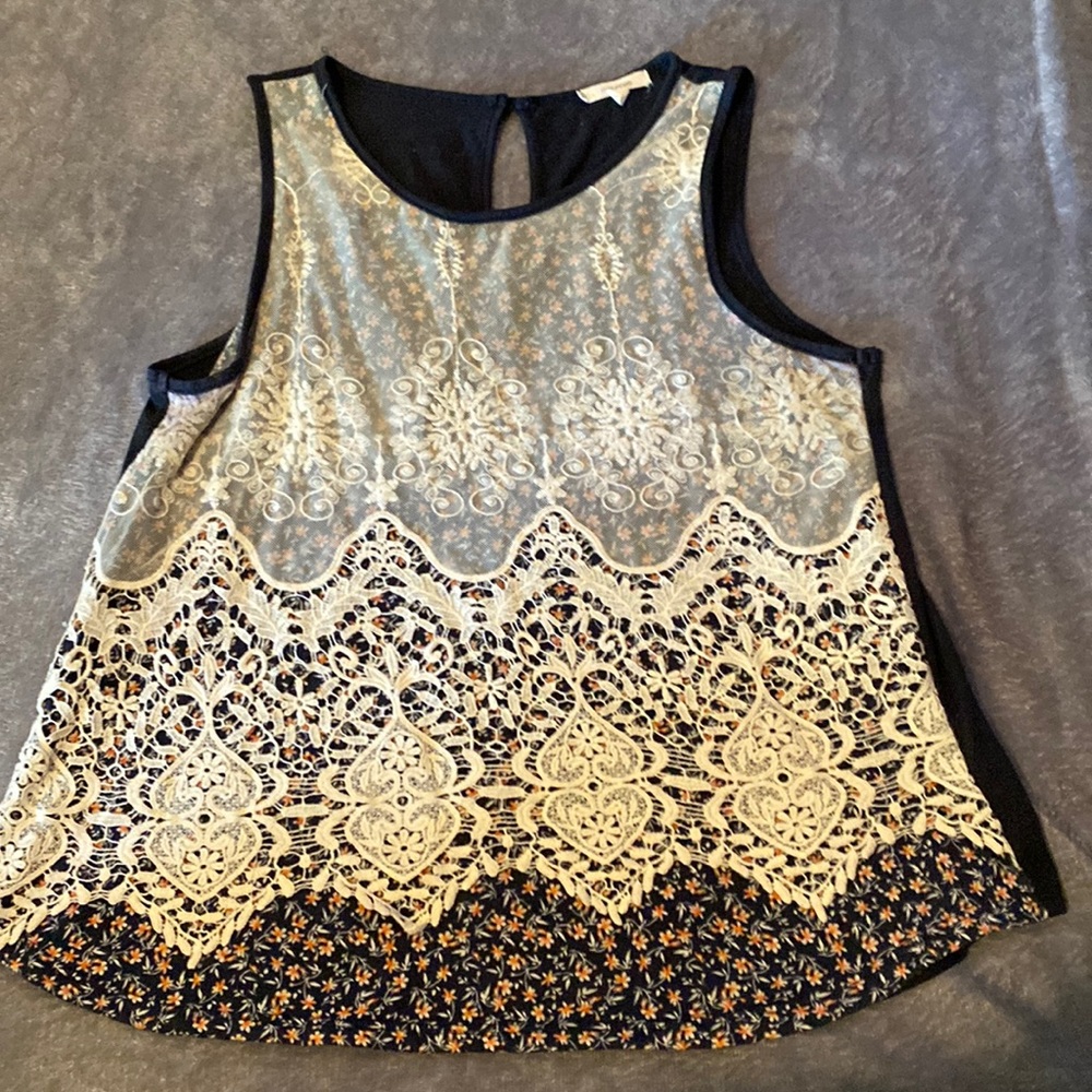Maurices, medium navy sleeveless with lace overlay and floral print
